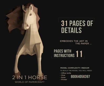 2 in 1 Horse & Unicorn Low Poly Wall Papercraft, Paper Sculpture, Low Poly PDF Template, DIY Decor & Gift