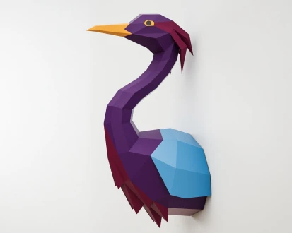 Papercraft Blue Heron, paper craft model egret, template stork, low poly bird crane, violet flamingo pattern, pepakura wall decor, PDF file