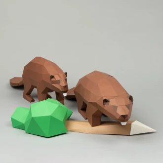 Beaver couple 3D papercraft. You get PDF digital file templates and instruction for these 2 DIY modern paper decorations.