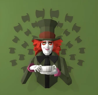 The Mad Hatter, El Sombrero Loco wall hanging papercraft, Alice's Adventures in Wonderland, Papercraft, Lowpoly Papercraft, Lowpoly