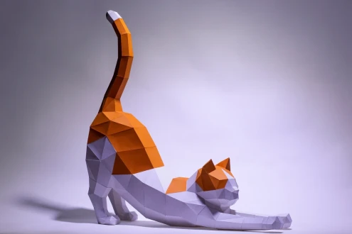 Cat Stretching Paper Craft, Digital Template, Origami, PDF Download DIY, Low Poly, Trophy, Sculpture, Cat Stretching Model