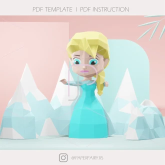 Princess Elsa Frozen Chibi doll 3d papercraft sculpture, 2 designs,Princess Doll 3D paper model, modern art statue decor, faceted geometric sculpture forms