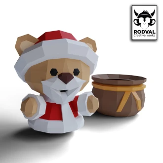 TEDDY SANTA BOX, bear, Papercraft, Template, DIY, Paper, Low Poly, Holiday, 3D Model, Pdf Low Poply, december, merry, Xmas, Santa