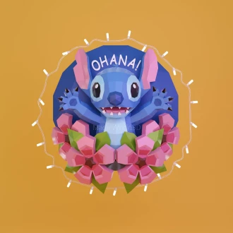 Stitch with Flowers Low Poly, Papercraft, PDF template, Paper model, Sculpture, 3D puzzle, Polygonal model, Lowpoly