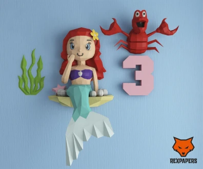 The Little Mermaid Papercraft, PDF Template, DIY 3d Model, FanArt, Paper Sculpture, Low Poly, Pepakura Craft, Manualidad