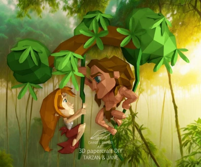 Tarzan and Jane PDF Template, DIY 3d Model, FanArt, Paper Sculpture, Low Poly, Pepakura, Craft, Manualidad, Paper Art