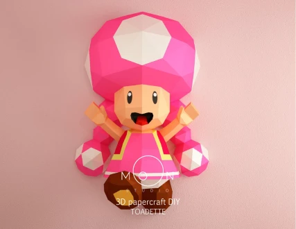 Toadette, DIY, Papercraft, PDF, Low Poly, 3D model, Craft, Paper, M4r10, Retro Game, Nes, Snes, GBA, Room Decor, Wall Decor