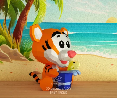 Baby Tigger, Winnie the Pooh PDF Template, DIY 3d Model, FanArt, Paper Sculpture, Low Poly, Pepakura, Craft, Manualidad, Paper Art