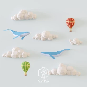 Papercraft Clouds With Whales And Hot Air Balloons, Pdf, Gurko, Pepakura, Template, 3D Origami, Paper Sculpture, Low Poly, DIY Craft