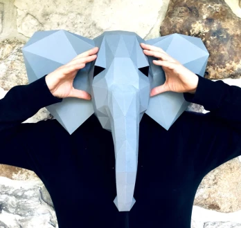 Elephant head mask 3d papercraft. get PDF digital file pattern and instruction for this DIY 3d papercraft low poly paper mask.