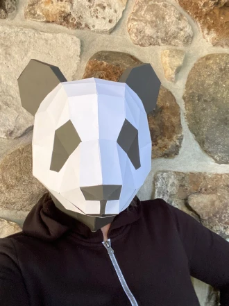 Panda mask 3d papercraft. get PDF digital file pattern and instruction for this DIY 3d papercraft low poly paper mask.