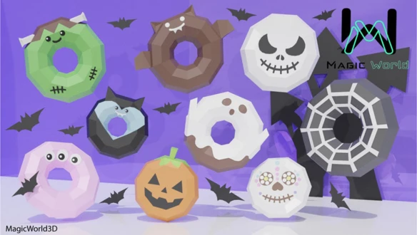 Donuts Halloween x9 Low Poly, Papercraft, PDF template, Paper model, Sculpture, 3D puzzle, Polygonal model, Lowpoly