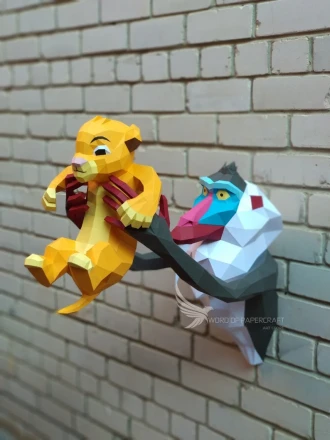 Rafiki holding up Simba, Papercraft Lion And Monkey, Wall Decor, Paper Sculpture, Low Poly PDF Template, DIY Decor & Gift