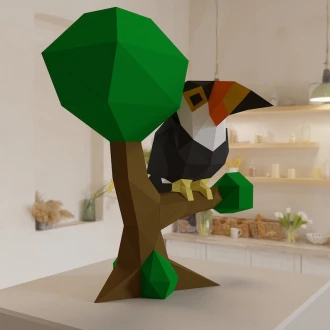 3D Low Poly Toucan in Tree DIY | Printable Papercraft | Unique Geometric Decoration | Original Gift | Relaxing Craft | PDF model