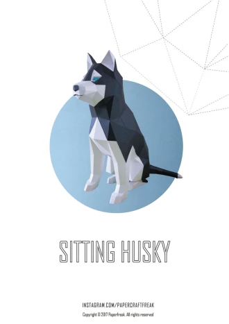 Papercraft 3D SITTING HUSKY DOG Puppy pepakura Pdf template Low polygonal Papercraftfreak Sculpture Decor home loft office animal lover gift