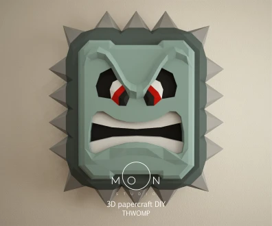 Thwomp, DIY, Papercraft, PDF, Low Poly, 3D model, Craft, Paper, Mario, Retro Game, Nes, Snes, GBA, N64, Gb, Room Decor, Wall Decor