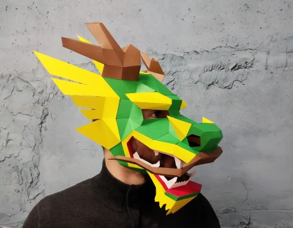 Papercraft 3d Chinese dragon Mask PDF digital Template, Low Poly Paper Mask, Unique Halloween costume, New Year mask, pepakura PDF template