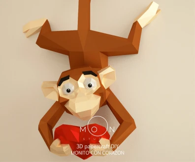 Monkey with heart, Monito con corazon, DIY, Papercraft, PDF, Low Poly, Cricut, Maker, Cameo, Paper, baby, Amor, Moon Studio, Room decor