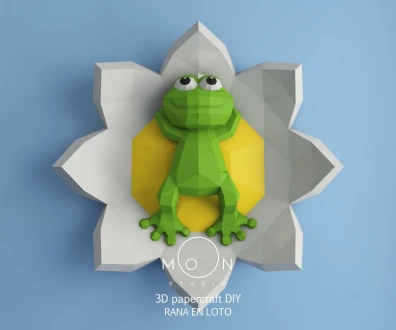 Frog on lotus, Flower, DIY, Papercraft, pdf, Low Poly, 3D model, Craft, maker, Cute, Kawai, Moon Studio, Desk Decor