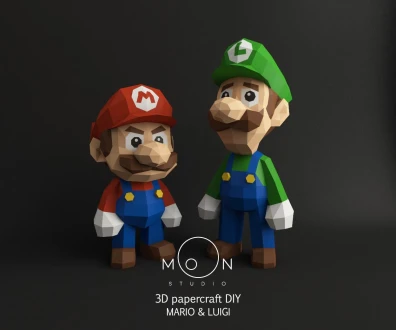 Mario And Luigi, Papercraft, Low Poly Art, DIYMario, Luigi Papercraft, Geek Decor, Crafts, PDF Craft, Gamer Decor, Moon Studio