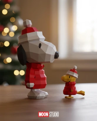 Snoopy and Woodstock Christmas, DIY, Papercraft, PDF, Low Poly, 3D model, Craft, Cricut, maker, Merry Christmas, December, New Year, Wall Decor, Moon Studio