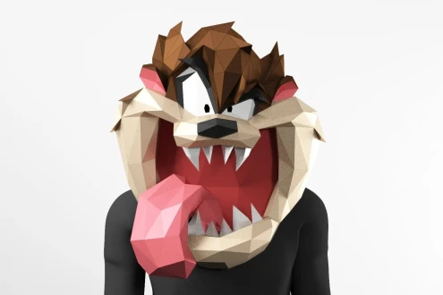 Tasmanian Devil Mask in cartoon style PDF Template, Paper Mask Low Poly