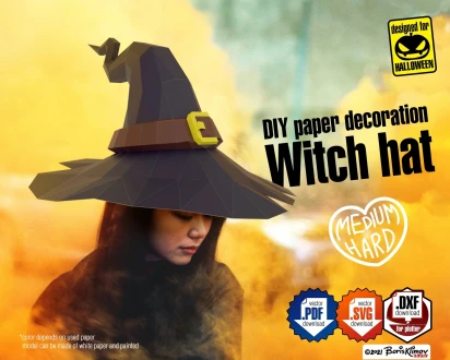 Witch hat. Halloween 3d paper props, DIY papercraft layout, digital pattern. Model for assembling .pdf .dxf .svg for A4