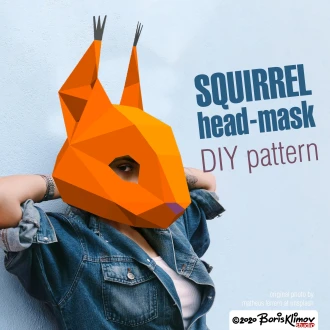 Squirrel cute 3d head mask, DIY layout, digital pattern for papercraft. Model for assembling. PDF for A4. Paper mask.