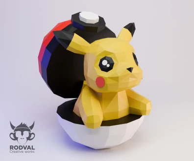 PIKACHU POKEBALL, Pokemon, Papercraft, Template, DIY, Paper, Low Poly, Cute, Kawaii, 3D Model, Pdf Low Poply, Kids Toy