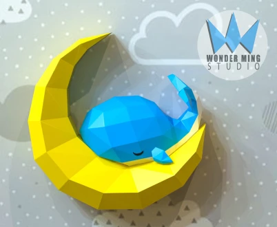 Whale sleeping on moon Papercraft, Lowpoly, Lowpoly Papercraft