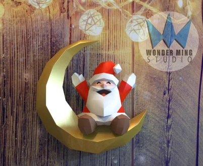 Santa seated on moon Papercraft, Lowpoly, Lowpoly Papercraft