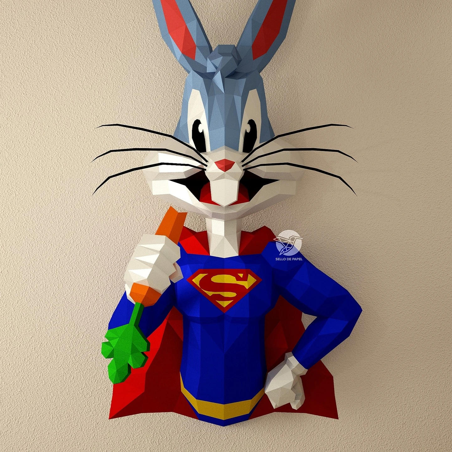 Super Rabbit - Bugs Bunny - Looney Tunes - Warner Bros Papercraft PDF Template DIY 3d Model FanArt Paper Sculpture Low Poly Pepakura Craft Manualidad Papel