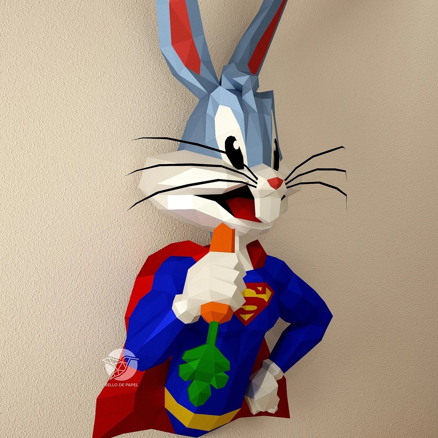 Super Rabbit - Bugs Bunny - Looney Tunes - Warner Bros Papercraft PDF Template DIY 3d Model FanArt Paper Sculpture Low Poly Pepakura Craft Manualidad Papel