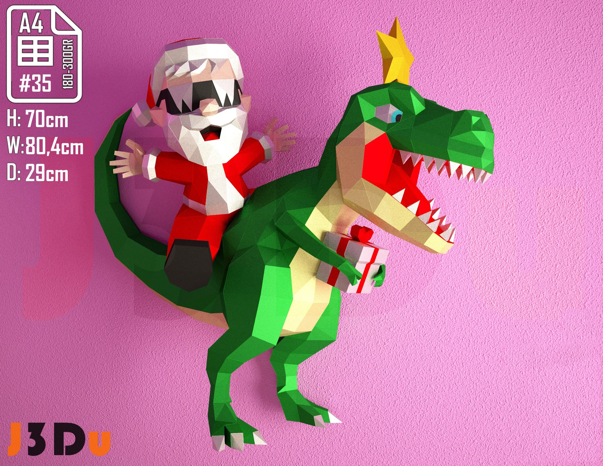 Dino SantaClaus, Dinosaurio Navideño Papercraft PDF, Template For office, Room, Decor, DIY gift for friends, family, Low poly Paper, Paper Craft 3D kit by J3Du