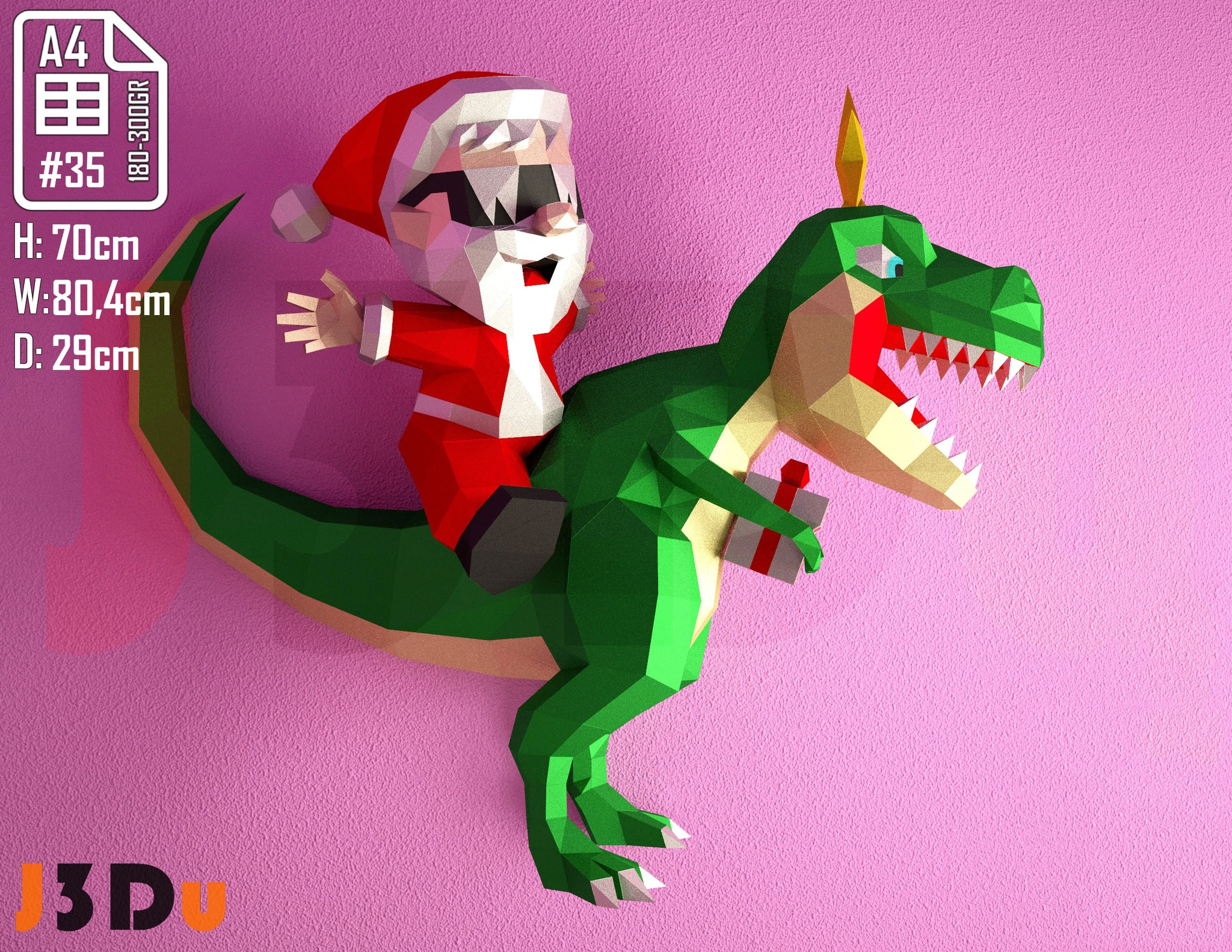 Dino SantaClaus, Dinosaurio Navideño Papercraft PDF, Template For office, Room, Decor, DIY gift for friends, family, Low poly Paper, Paper Craft 3D kit by J3Du