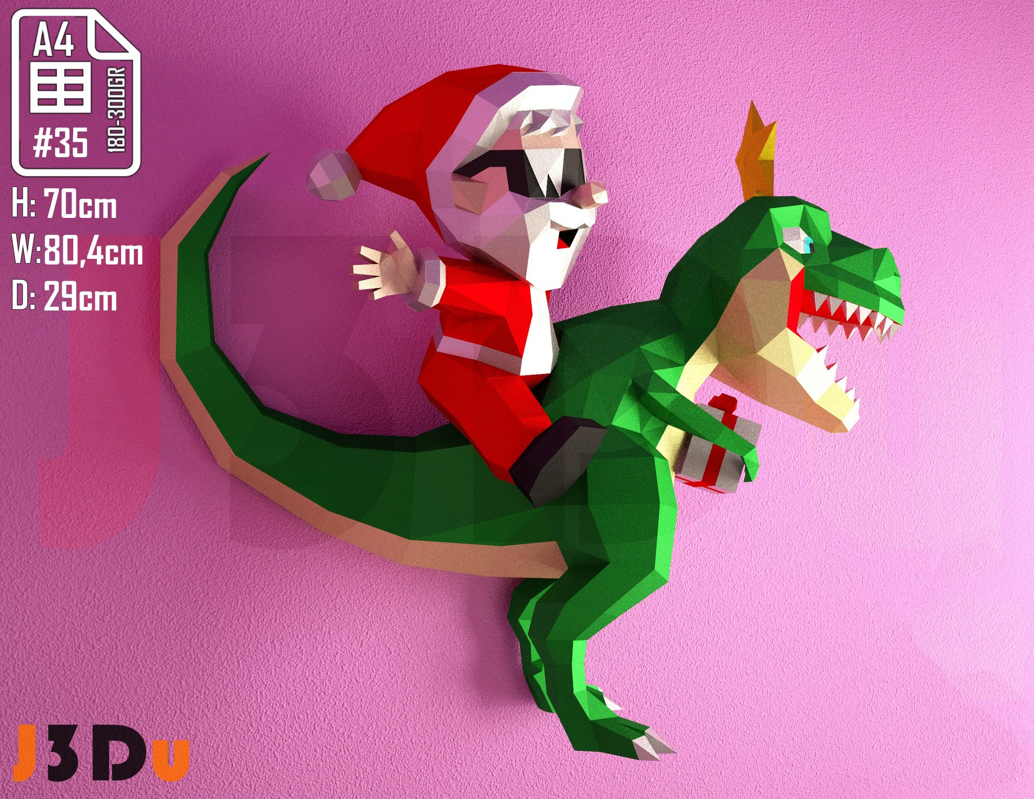 Dino SantaClaus, Dinosaurio Navideño Papercraft PDF, Template For office, Room, Decor, DIY gift for friends, family, Low poly Paper, Paper Craft 3D kit by J3Du