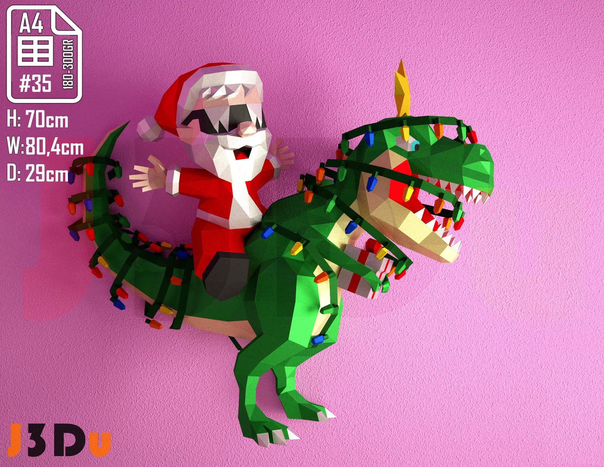 Dino SantaClaus, Dinosaurio Navideño Papercraft PDF, Template For office, Room, Decor, DIY gift for friends, family, Low poly Paper, Paper Craft 3D kit by J3Du