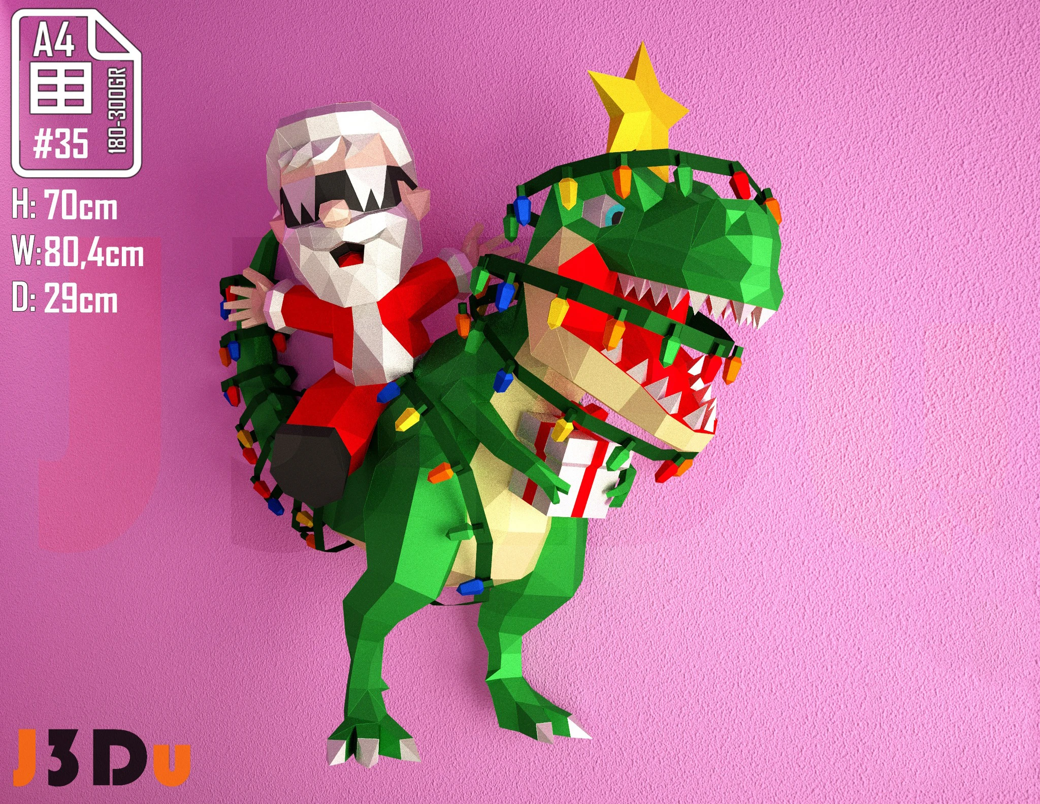 Dino SantaClaus, Dinosaurio Navideño Papercraft PDF, Template For office, Room, Decor, DIY gift for friends, family, Low poly Paper, Paper Craft 3D kit by J3Du