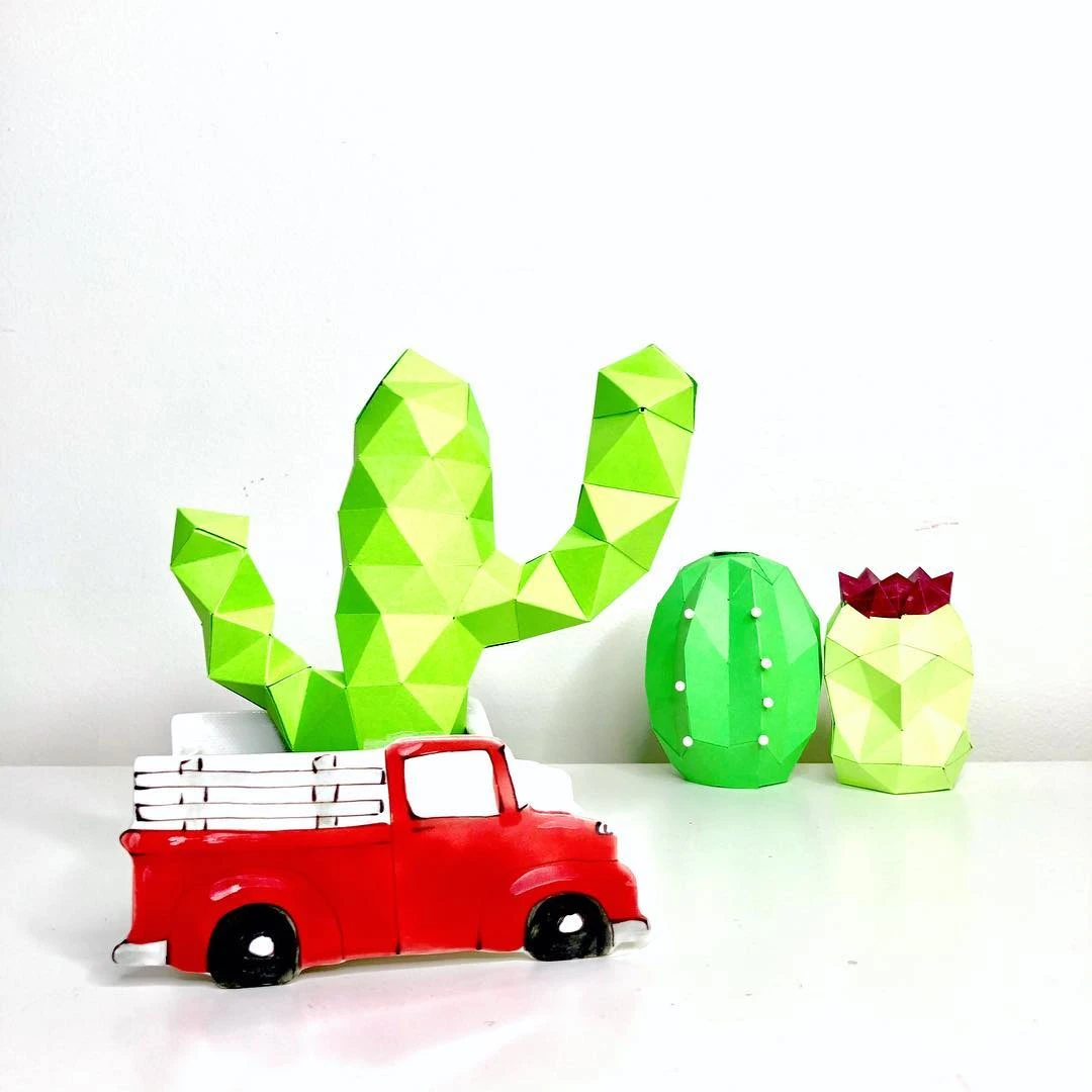 Cactus Pals papercraft. You get PDF digital file templates and instructions for these DIY modern paper sculpture.