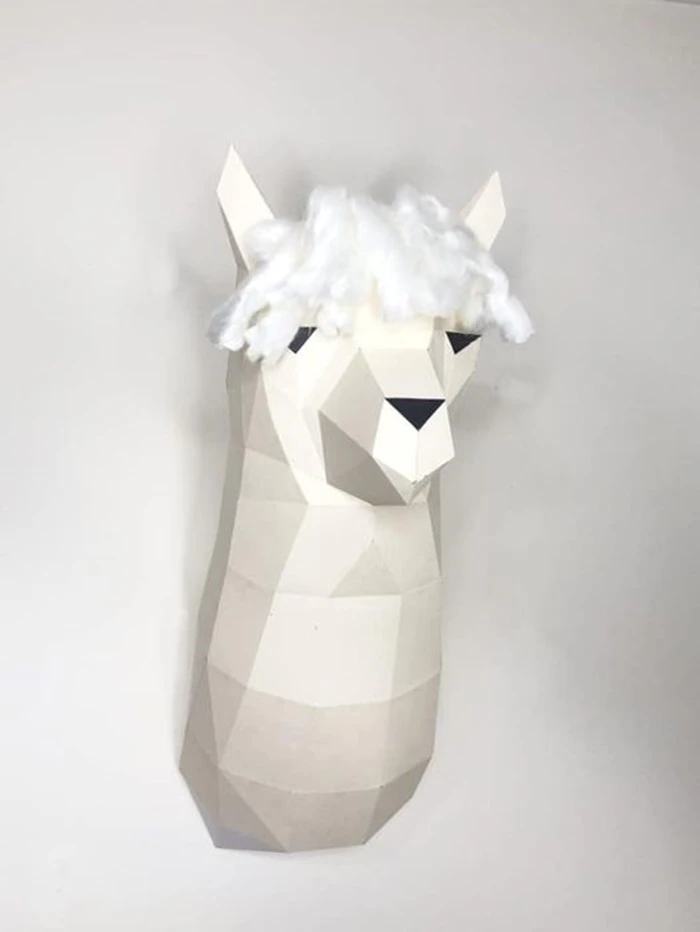 Llama Head papercraft. You get PDF digital file templates and instructions for these DIY modern paper sculpture.