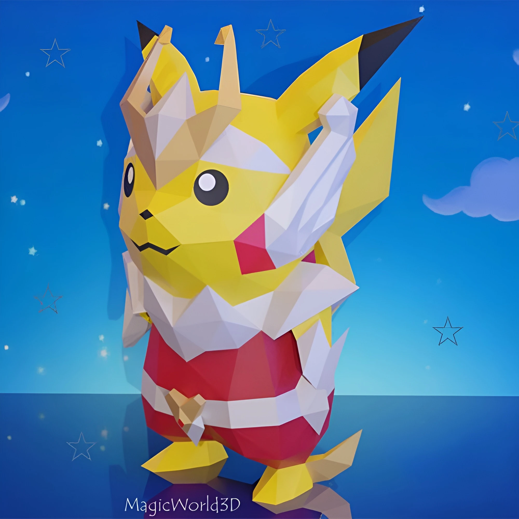 Pikachu Seiya, Pokemon, Saint Seiya, Low Poly, Papercraft, PDF template, Paper model, Sculpture, 3D puzzle, Polygonal model, Lowpoly