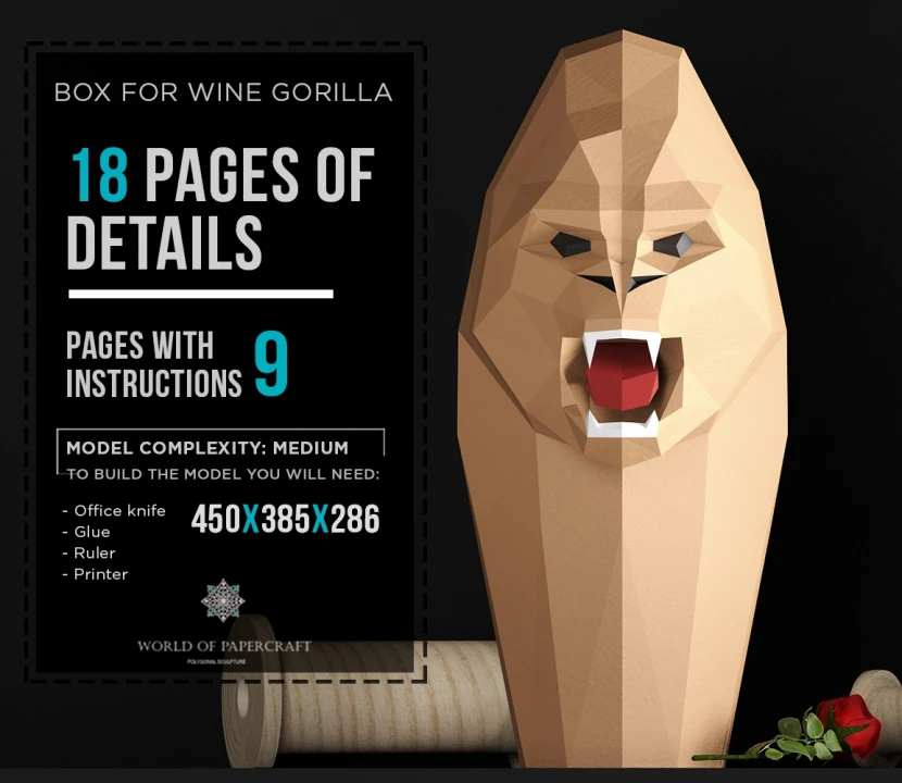 Papercraft Gorilla Winebox Low Poly, PDF Template, Low Poly Paper Gorilla DIY Gift, Decor for Home, Pepakura Digital Handmade