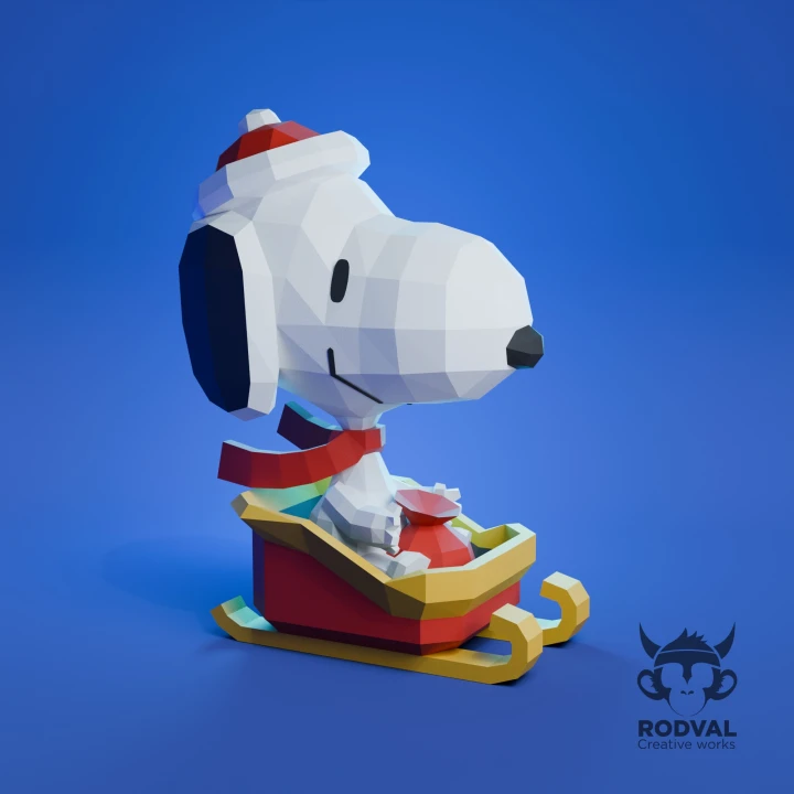 SNOOPY ON SLEIGH, Papercraft, Template, DIY, Paper, Low Poly, Holiday, 3D Model, Pdf Low Poply, december, merry, Xmas