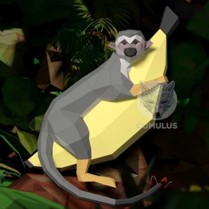 Monkey on Banana Papercraft Low Poly Decoration, PDF Template, DIY Paper 3D CumulusCraft