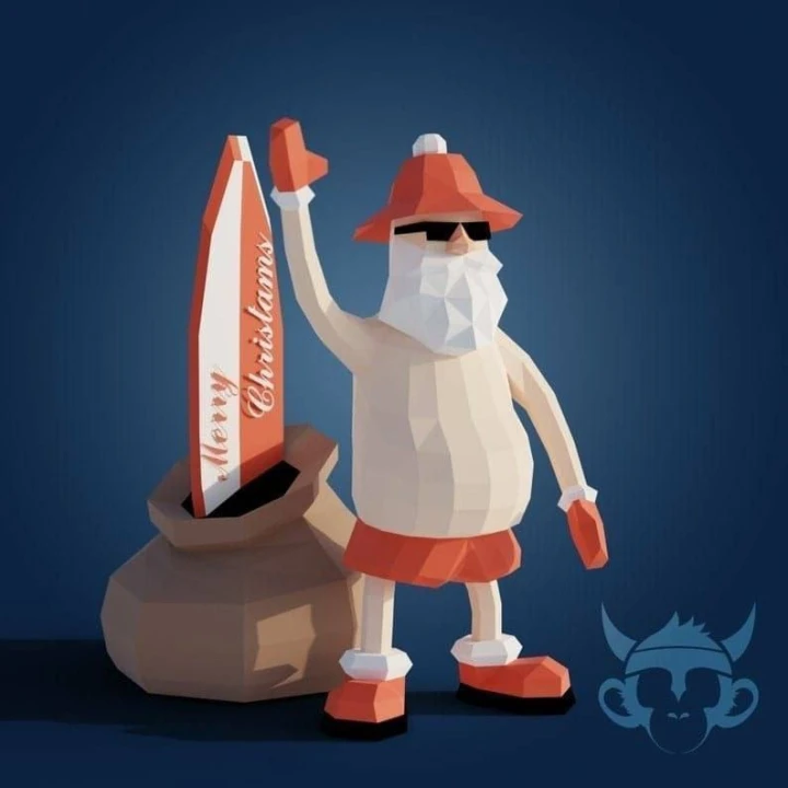 SANTA'S HOLIDAYS SURF TABLE, Papercraft, Template, DIY, Paper, Low Poly, Cute, Kawaii, 3D Model, Pdf Low Poply, Kids Toy
