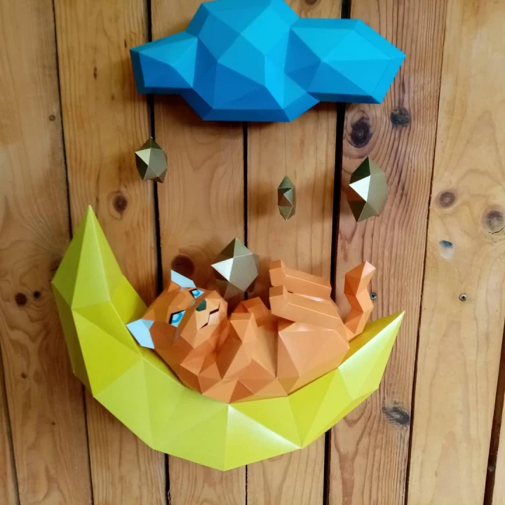 Cat Lying on Moon Wall Papercraft Template - Low Poly, Pepakura PDF, DIY Handmade, Home Decoration, Creative Gifts Cat Lying on Moon Wall Papercraft Template - Low Poly, Pepakura PDF, DIY Handmade, Home Decoration, Creative Gifts