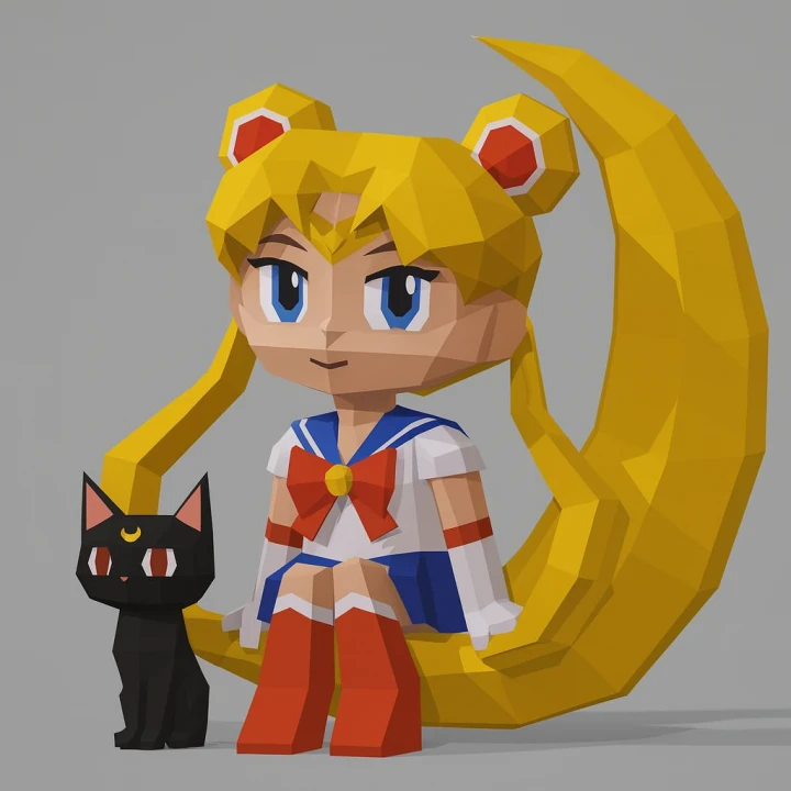Sailor Moon & Luna Papercraft Template | DIY 3D Low Poly Anime Model | Magical Girl Fan Art & Desk Decor | Unique Gift
