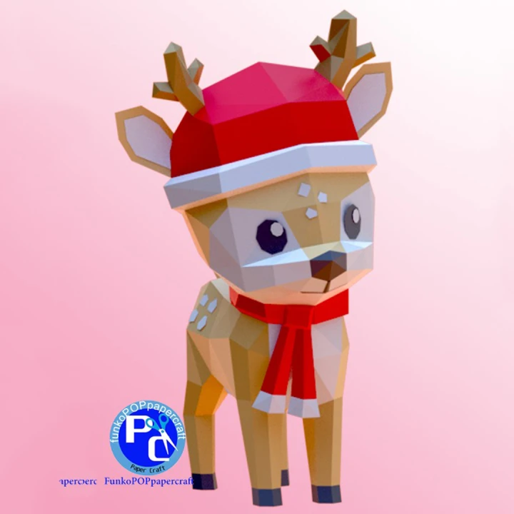 DIY 3D Papercraft Reindeer with Santa Hat - Christmas Paper Sculpture - Low Poly Reindeer Printable PDF Template - Holiday Craft Project - Instant Download