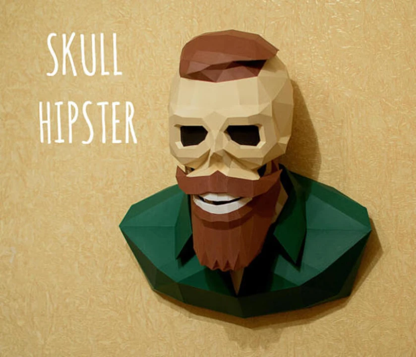 Hipster Skull Papercraft PDF Template - 3D Low Poly Skull with Beard & Hair DIY Model - Modern Wall Decor