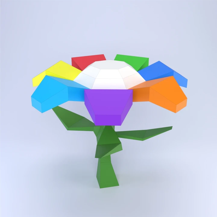 Low Poly Seven-Color Wishing Flower Papercraft Template | DIY 3D Geometric Rainbow Plant Sculpture | Magical Decor